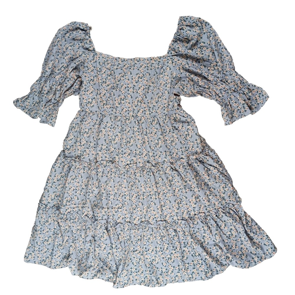 Umgee Dress Medium Babydoll Peasant Floral Puff Sleeve Tiered Boho Tie Back NEW